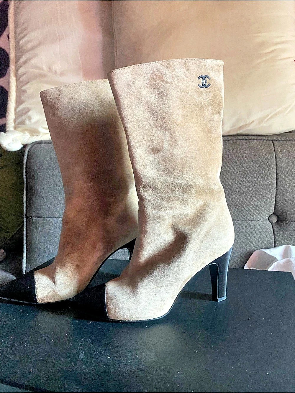 Chanel Gabrielle Two-Tone Pointed-Toe Heeled Boots EU 36